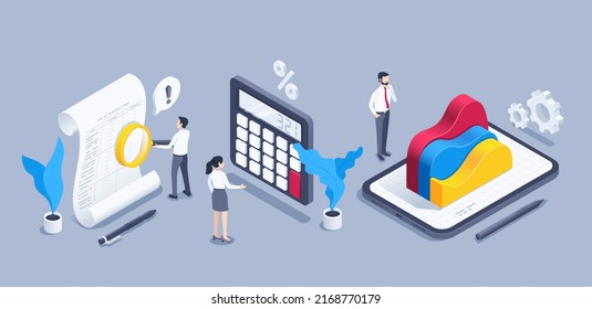 isometric vector illustration on a gray background, business people next to a document and calculator with magnifying glass, wavy chart on a tablet screen, financial data processing and analysis