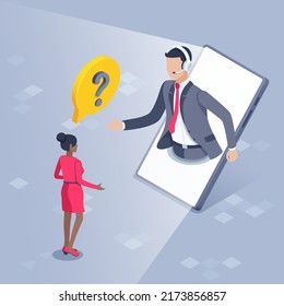 isometric vector illustration on a gray background, a man in a business suit and headphones with a microphone on the smartphone screen and a woman with a question mark, an online assistant