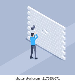 Isometric Vector Illustration On A Gray Background, A Man In Business Clothes With A Hammer In His Hands Breaks A Brick Wall Blocking His Path, Make An Effort