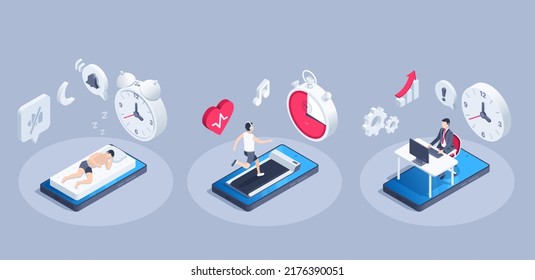 isometric vector illustration on a gray background, a man sleeps on an alarm clock, runs on a stopwatch and works on the clock, a smartphone application for timing
