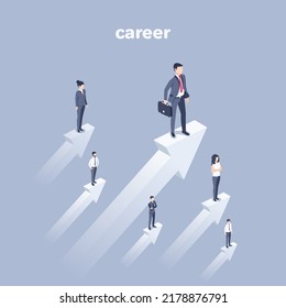 isometric vector illustration on a gray background, white arrows rising up and people in business clothes on them, career growth