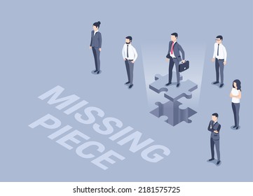 isometric vector illustration on a gray background, a man in a business suit with a briefcase stands on a puzzle piece next to other people, the missing piece