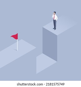 isometric vector illustration on a gray background, a man in business clothes pensively stands in front of an abyss looking at the flag on the opposite side, an obstacle to the goal