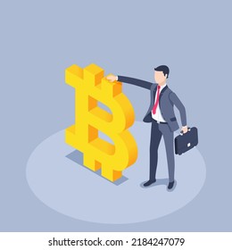 isometric vector illustration on a gray background, a man in a business suit with a briefcase stands next to the bitcoin icon, crypto currency and finance