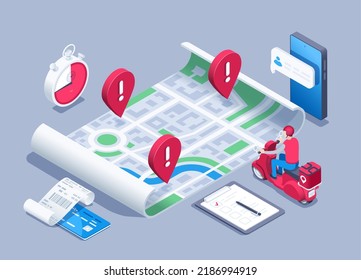 isometrische Vektorgrafik auf grauem Hintergrund, ein Mann aus einem Zustelldienst auf einem Roller in der Nähe einer Karte mit Ortssymbolen, ein Smartphone mit einer Nachricht und eine Tablette mit einem Stift