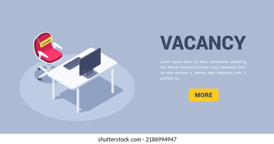 Isometric Vector Illustration On A Gray Background, An Office Table With A Computer And A Red Chair With A Vacant Sign, A Landing Page On The Theme Of A Vacancy