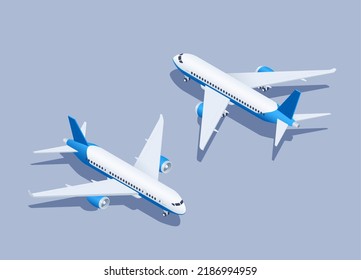 isometric vector illustration on gray background, civil passenger plane back and front view, air transport or airplane