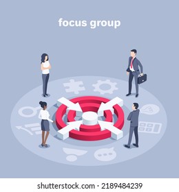 isometric vector illustration on a gray background, focus group consisting of people in business clothes near the target and four arrows going to the center