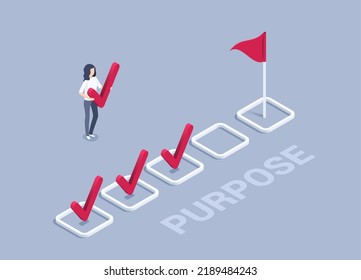 isometric vector illustration on a gray background, a woman in business clothes with a check mark goes to a row of checkboxes with a flag, achieving a goal and purpose