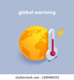 isometric vector illustration on a gray background, global warming, thermometer icon near the globe