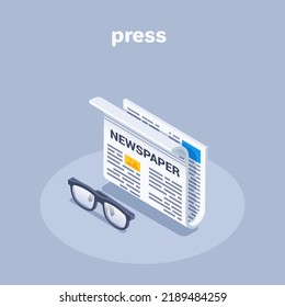 isometric vector illustration on gray background, newspaper and glasses icon, read press