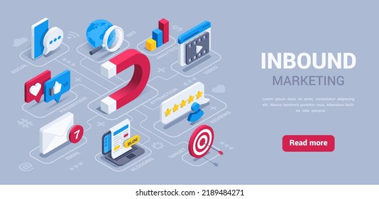 isometric vector illustration on a gray background, landing page of inbound marketing, magnet icon with text bubbles and smartphone, as well as smartphone and laptop with magnifying glass