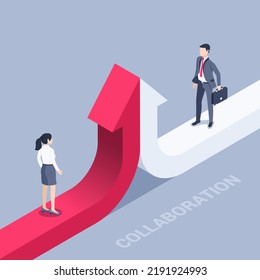 isometric vector illustration on a gray background, two connecting arrows in red and white, a man and a woman in business clothes, a collaboration to achieve better results