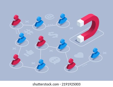 isometric vector illustration on a gray background, the icon of a magnet and little men next to it, attraction through social networks