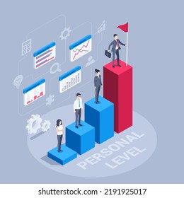 isometric vector illustration on a gray background, people in business clothes on the chart each at their own level, a man with a flag on the highest level, personal level