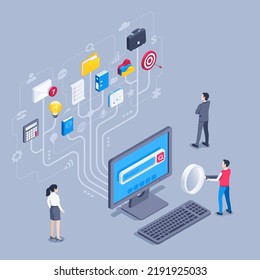 isometric vector illustration on a gray background, people in business clothes near a computer from which a tree comes out with icons, data search and processing, public data