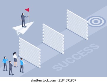 isometric vector illustration on a gray background, a man in a business suit with a flag on a paper plane flies over the brick walls blocking the path to the goal, achieving success