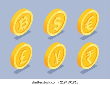 isometric vector illustration on a gray background, a set of gold coins with different icons of world currencies, money or finance