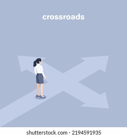 isometric vector illustration on a gray background, woman in business clothes stands at a crossroads in the form of arrows