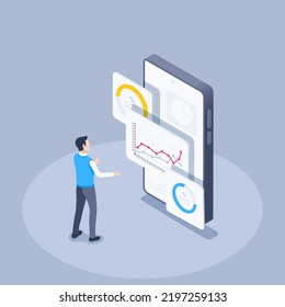 isometric vector illustration on a gray background, a man in business clothes stand near a smartphone on the screen of which windows with charts are open, work with statistical data