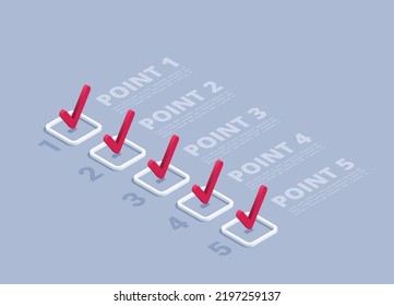 isometric vector illustration on a gray background, checkmarks in square numbered boxes and text, infographics on the topic of completed list items