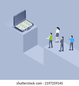 isometric vector illustration on a gray background, people in business clothes stand in front of a cliff behind which there is a suitcase with money, motivation or incentive for risky action