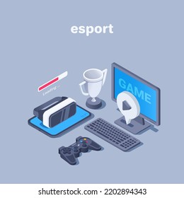 isometric vector illustration on a gray background, a computer with the word game on the screen and a tablet with virtual reality glasses, esports or virtual gaming championship