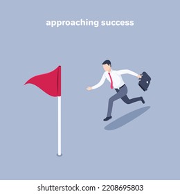 isometric vector illustration on a gray background, a man in business clothes with a briefcase running to the red flag, purposefulness or approaching success