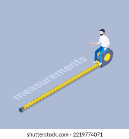 isometric vector illustration on a gray background, a man sits on a measuring tape measure, measurements
