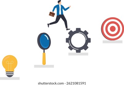 isometric vector illustration on a gray background, platforms with icons of a light bulb and a magnifying glass and gear and goal, man in a business suit breaks through a strategy and plan

