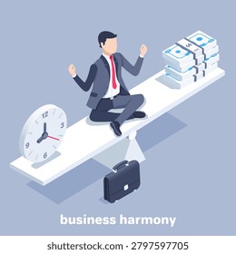 isometric vector illustration on gray background, man in business suit meditates on the balance between watch and money, business harmony