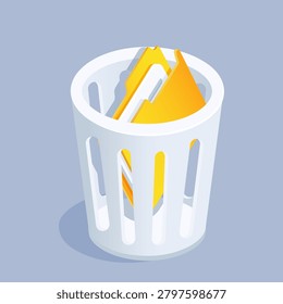 isometric vector illustration on gray background, trash can and folder, recovering accidentally deleted file