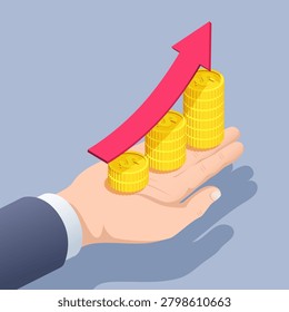 isometric vector illustration on gray background, the hand of a man in a business suit holds a chart of gold coins with a red arrow, increasing income and profits
