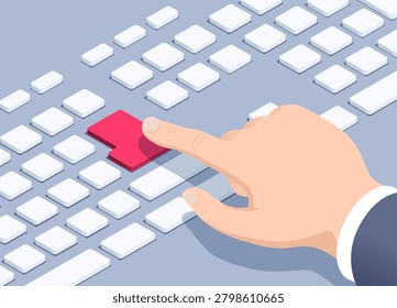 isometric vector illustration on a gray background, the hand of a man in a business suit presses a red button on the keyboard, start a process or perform an action