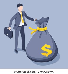isometric vector illustration on a gray background, a man in a business suit with a briefcase stands next to a bag of money, investment and loan