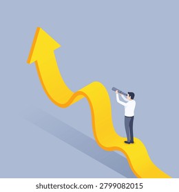 isometric vector illustration on a gray background, distant perspectives, a man in business clothes stands on a wavy arrow tending upwards and looks through the spyglass