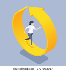 isometric vector illustration on gray background, woman in round yellow arrow, running in a circle