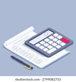 isometric vector illustration on gray background, financial table on paper document and calculator