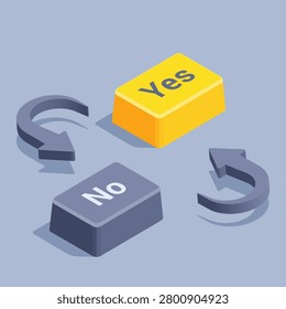 isometric vector illustration on gray background, yellow yes button near black no button and arrows connecting them, make a choice or doubt