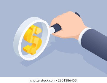 isometric vector illustration on gray background, the hand of a man in a business suit holds a magnifying glass with a dollar sign, search and increase money