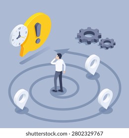isometric vector illustration on a gray background, a man in the center of a spiral way looks at the clock and a big exclamation mark, locations and gears, the passage of the task