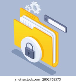 isometric vector illustration on a gray background, business icon in the form of a folder with documents and a lock, a field for entering a password and a gear, a secure folder