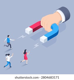 isometric vector illustration on gray background, hand with magnet and people run to it, customer acquisition and marketing, social technologies