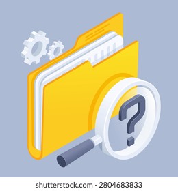 isometric vector illustration on a gray background, yellow folder with documents and a magnifying glass with a question mark, documentation search