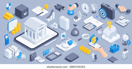isometric vector illustration on a gray background, business icons on the theme of bank and finance, money and bank building next to a safe and a wallet, banking and technology