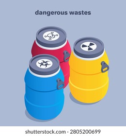 isometric vector illustration on a gray background, blue with red and yellow barrels with emblems of hazardous substances, recycling and destruction of dangerous waste