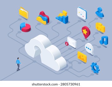 isometric vector illustration on a gray background, a man goes to the cloud through the keyhole to the icons in the form of a chart and messages, cloud storage of different data