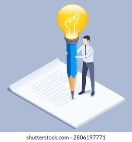 isometric vector illustration on a gray background, a man in business clothes with a pencil at the end of which a light bulb shines and paper documents, a creative approach to work