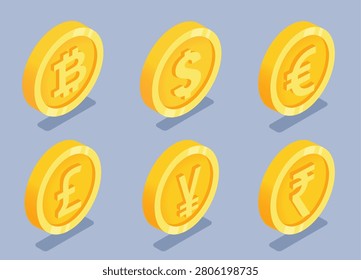 isometric vector illustration on a gray background, a set of gold coins with different icons of world currencies, money or finance