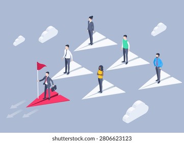 isometric vector illustration on a gray background, a man in a business suit with a flag flies on a main plane and his colleagues fly behind him, a leader in a business team